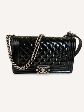 Authentic Chanel Quilted Boy Bag Medium Size Patent Leather